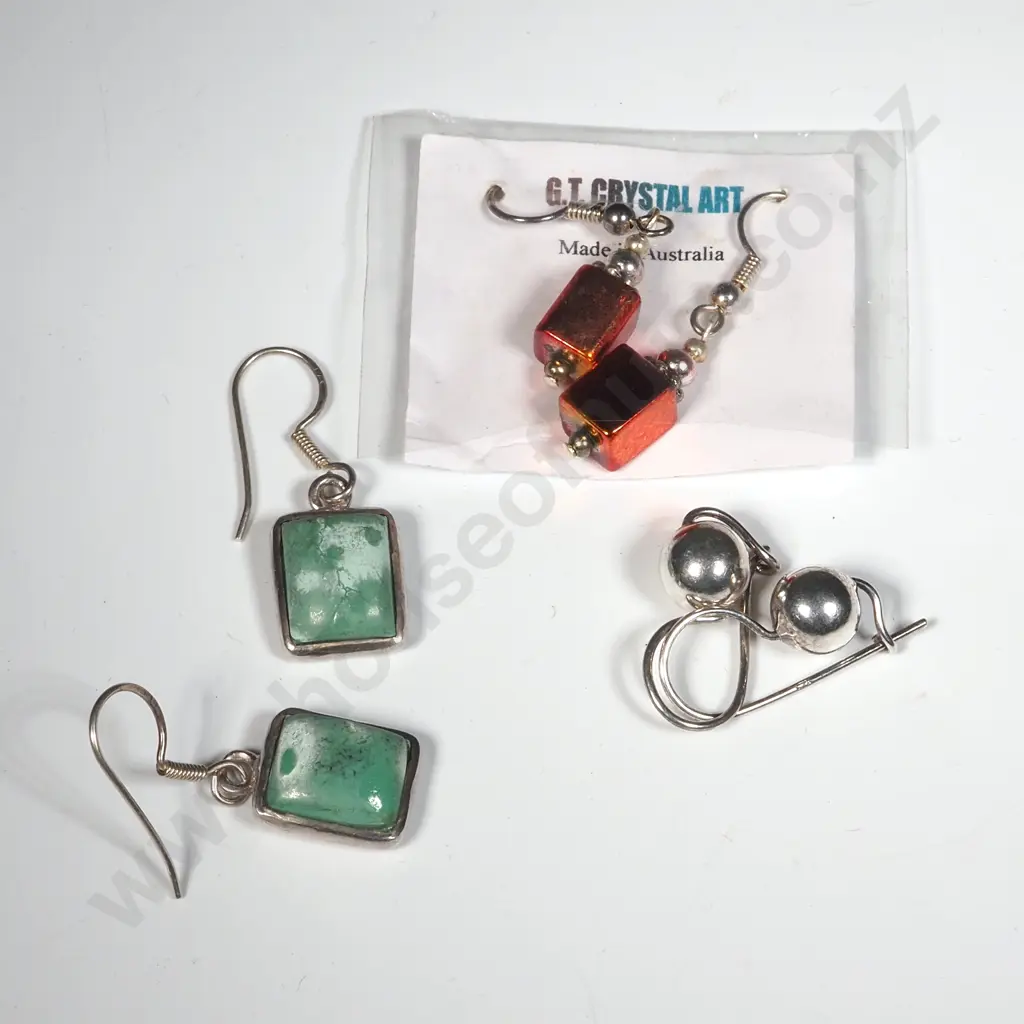 Three Pairs Sterling Silver Earrings - Turquoise (Possibly), Silver Beads, Gold/Orange. Image 1++