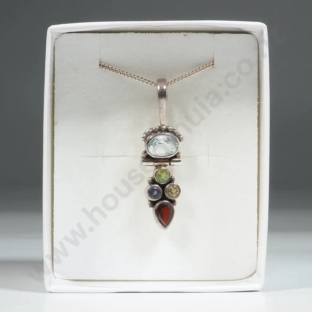Sterling Silver Chain With Multi Semi Precious Stone Pendant Including Peridot, Amethyst & Aquamarine  Image 1++