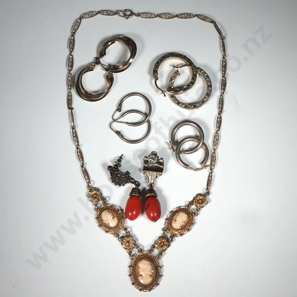 Sterling Silver & Filigree Cameo Necklace, Four Hoop Earrings & Some Red Drop Earrings Image 1++
