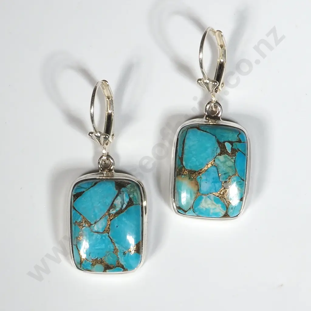Sterling Silver Turquoise Drop Earrings w Continental Locks. Image 1++