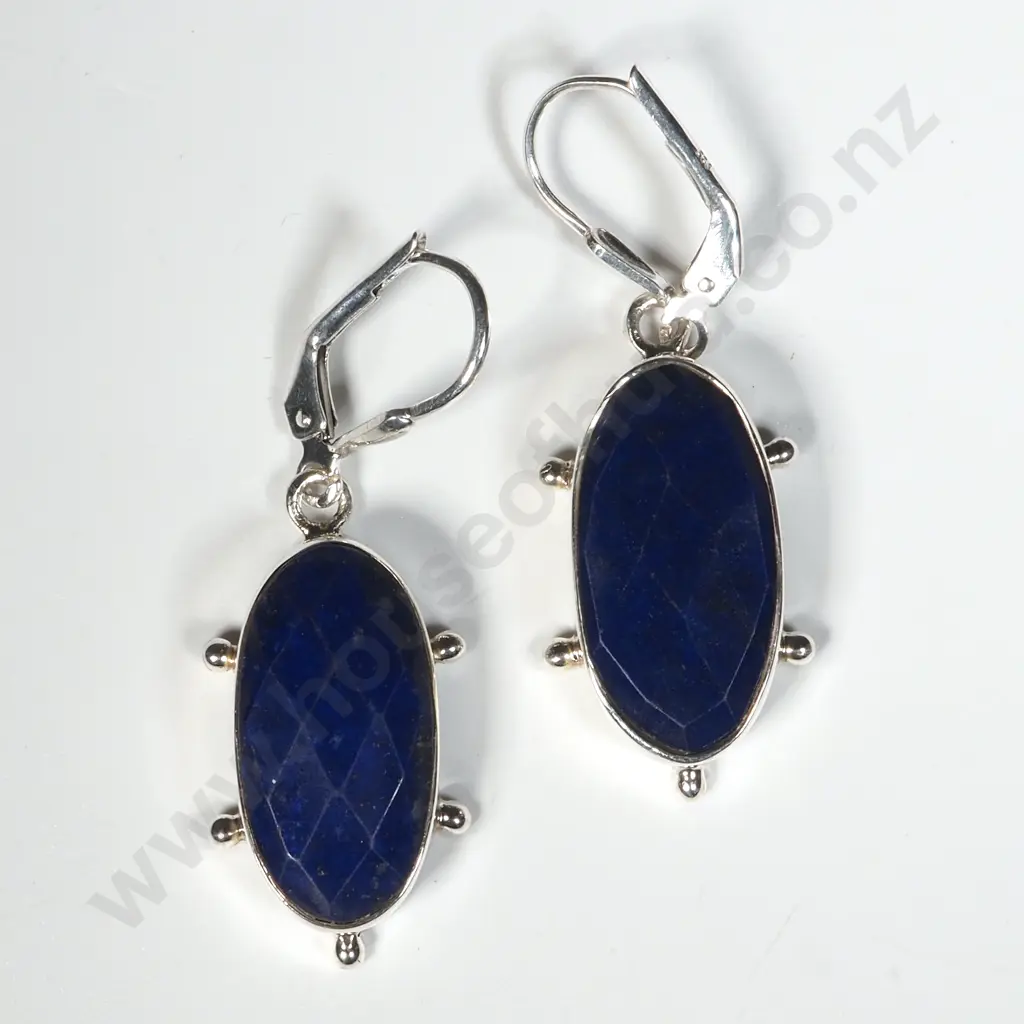 Sterling Silver Drop Earrings w Continental Locks & Lapis Drops. Image 1++