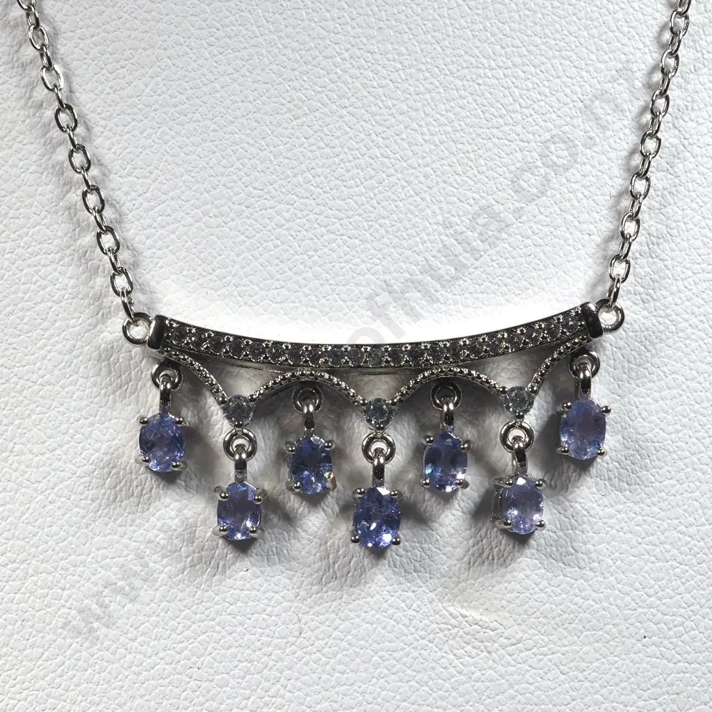 Sterling Silver Necklace w Tanzanite & CZ Pendent & Extender. Image 1++