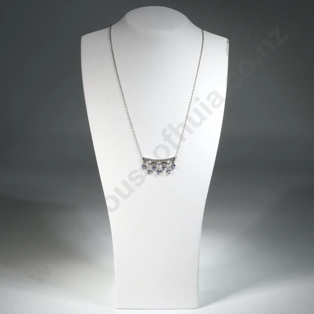 Sterling Silver Necklace w Tanzanite & CZ Pendent & Extender. Image 1++
