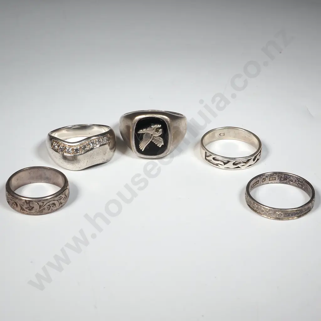 Five Sterling Silver Rings. The Largest With An Eagle On a Black Ground Image 1++