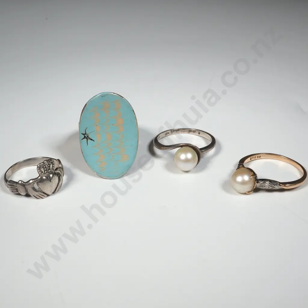Four Sterling Silver Rings. Two Set With Pearl, A Claddagh Ring &  A Turquoise Coloured Ring Image 1++