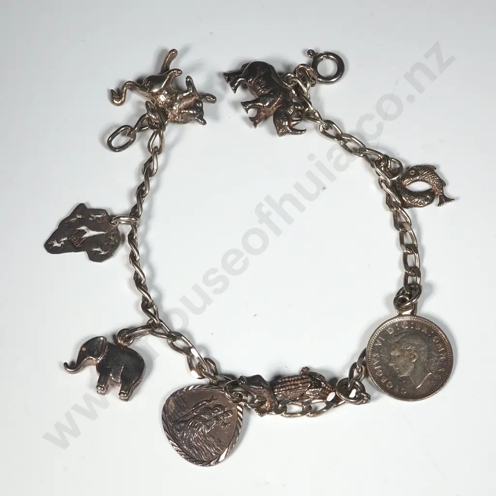 Sterling Silver Charm Bracelet w Eight Charms incl 1938 Threepence Coin. Image 1++