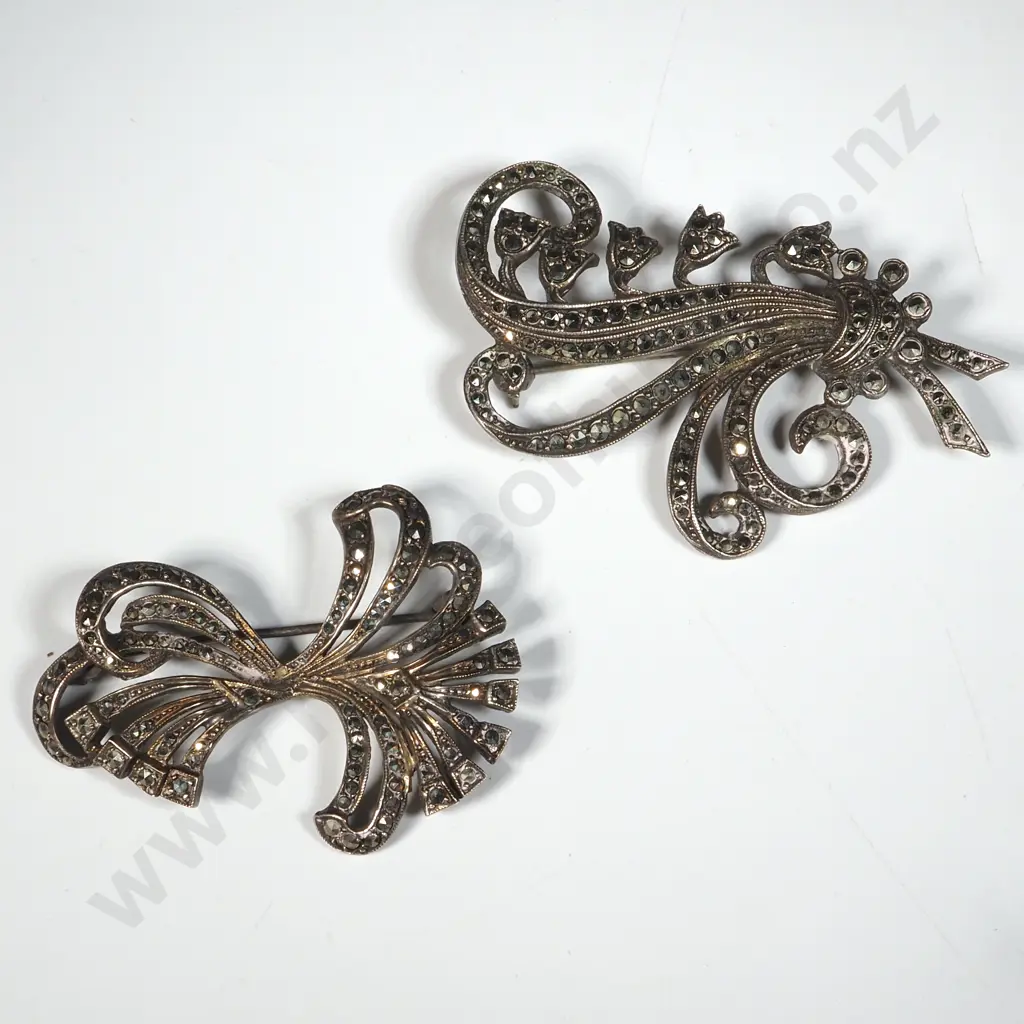 Two Sterling Silver Marcasite Broochs Image 1++