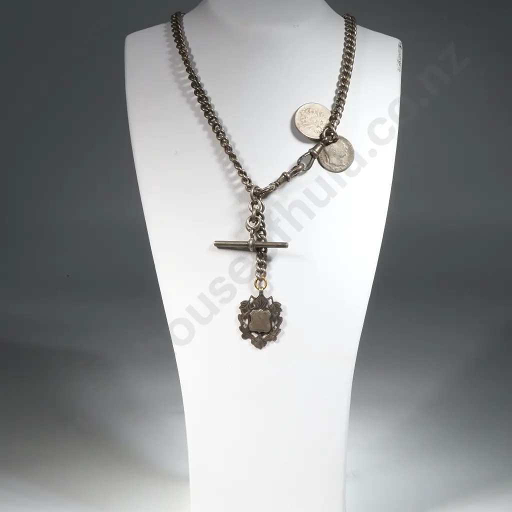Antique Sterling Silver Double Albert Pocket Watch Chain w Fob Chain & Coins. Image 1++