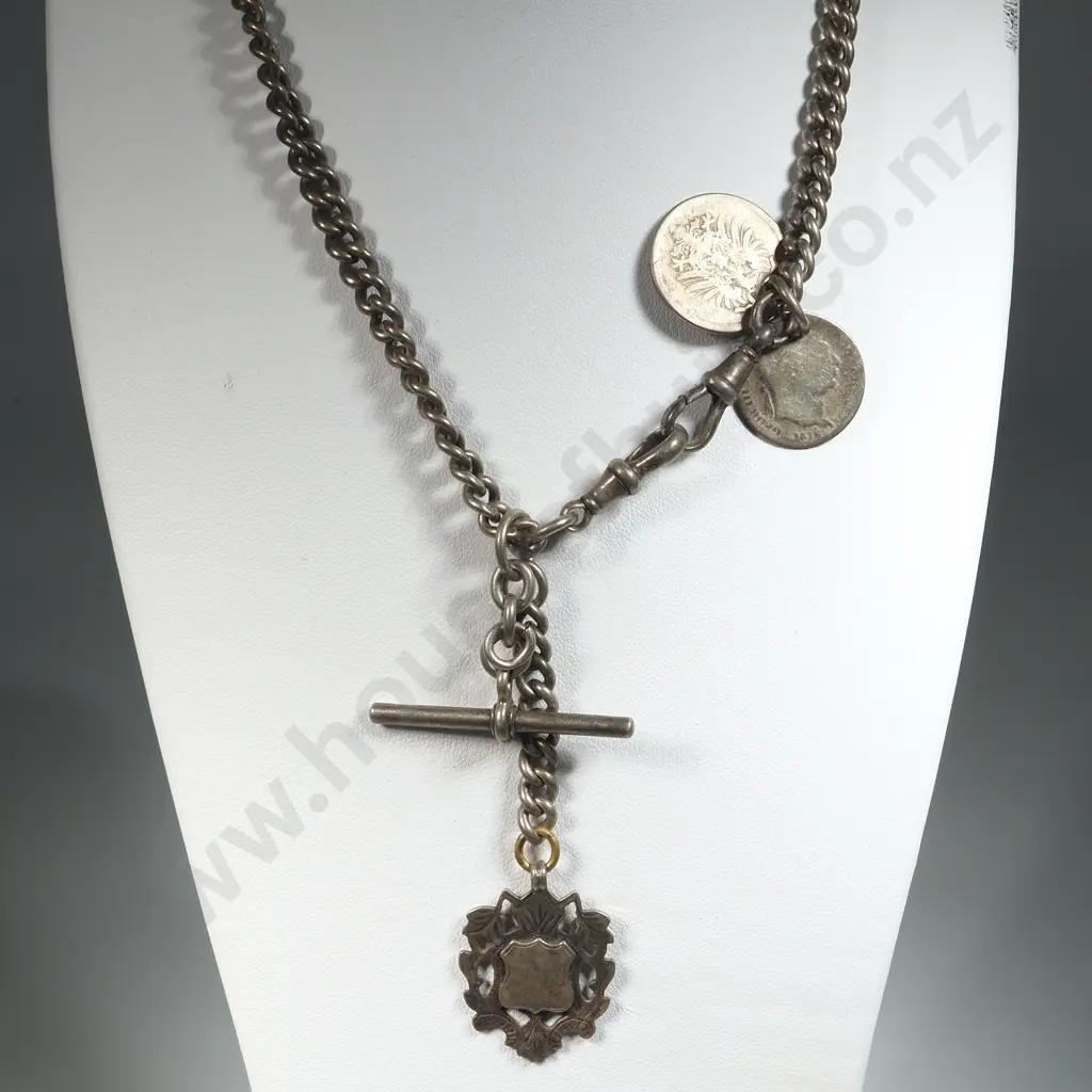 Antique Sterling Silver Double Albert Pocket Watch Chain w Fob Chain & Coins. Image 1++
