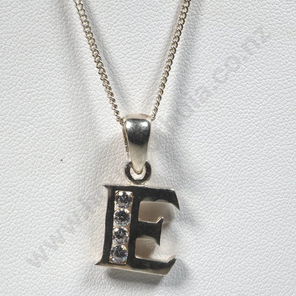 Sterling Silver 'E' Pendent w Costume Diamond Style Gems W Sterling Silver Chain. Image 1++
