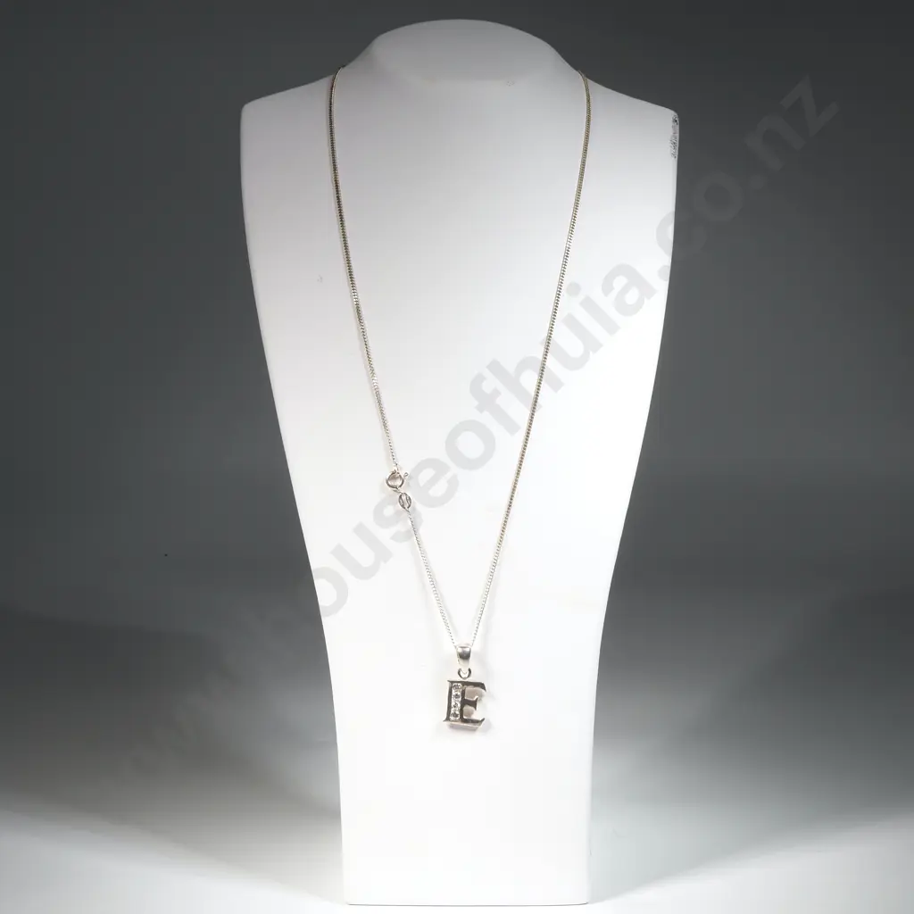 Sterling Silver 'E' Pendent w Costume Diamond Style Gems W Sterling Silver Chain. Image 1++