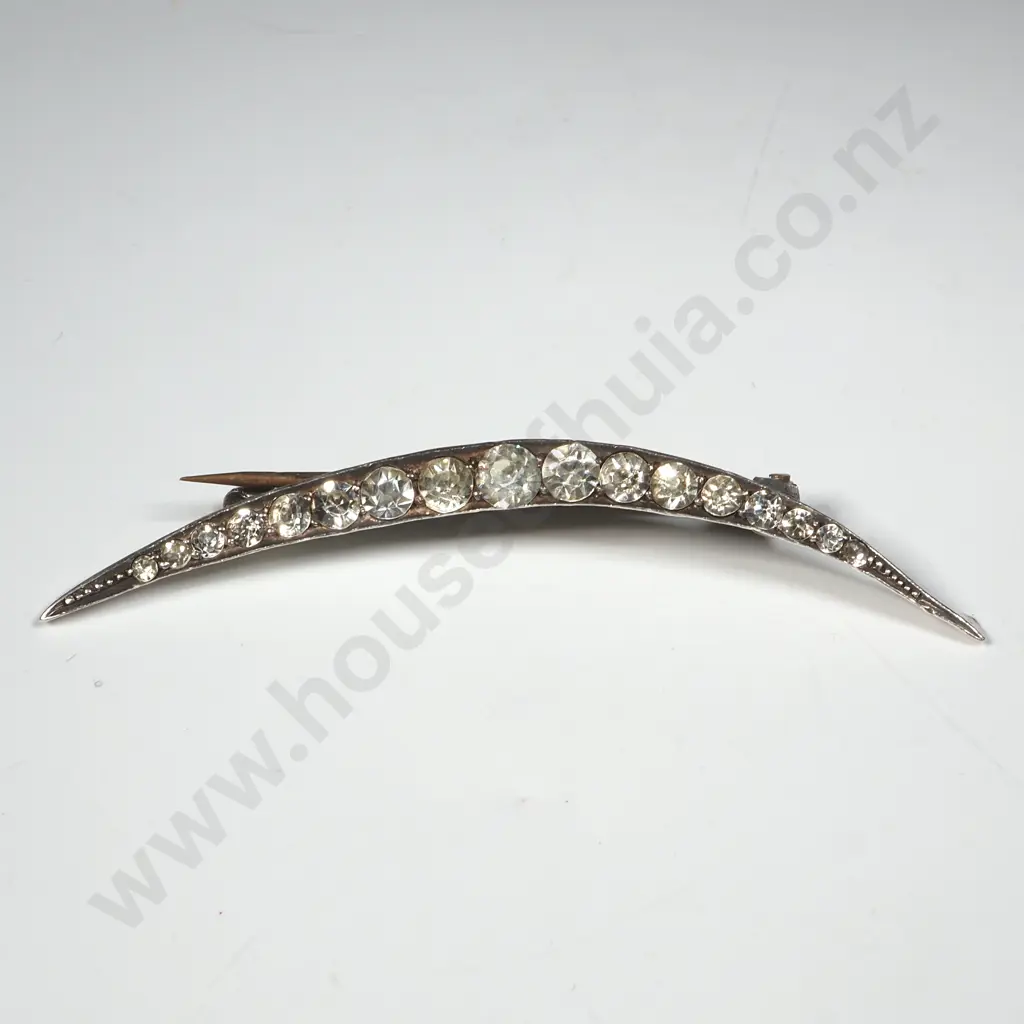 Sterling Silver Crescent Brooch w Costume Gems. Image 1++