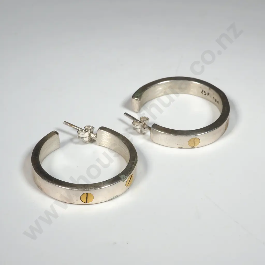 Pair Of Heavy Sterling Silver Hoop Earrings with  Gold "Screw Head" Detail Image 1++