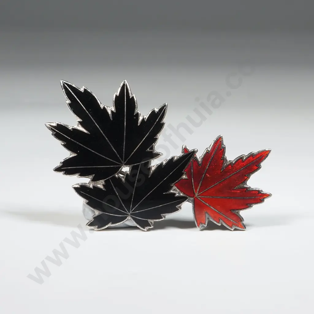Sterling Silver & Enamel Red/Black Autumn Leaves Brooch. Image 1++