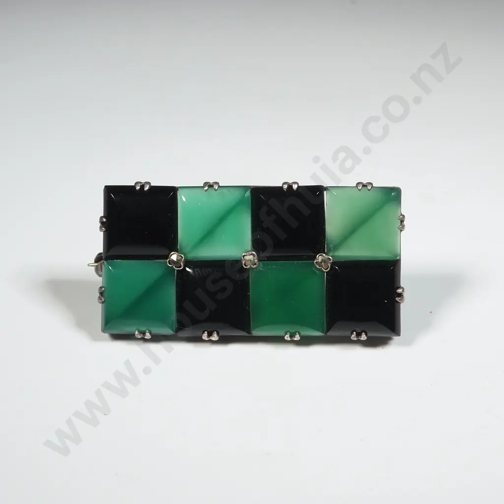 Sterling Silver Art Deco Styled Brooch w Alternating Green & Black  Squares. Image 1++