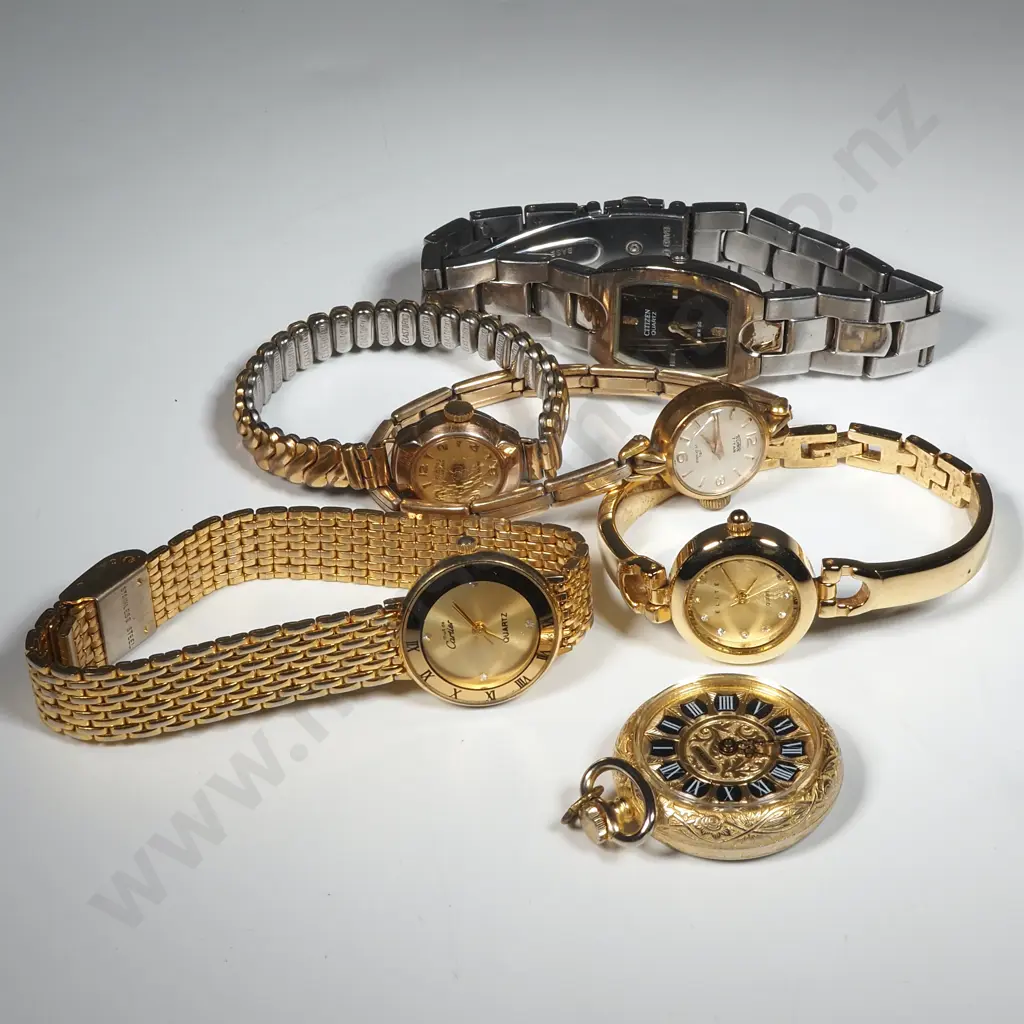Five Ladies Wristwatches & silver Plate & Gold Tone Ladies Half Hunter Watch Image 1++