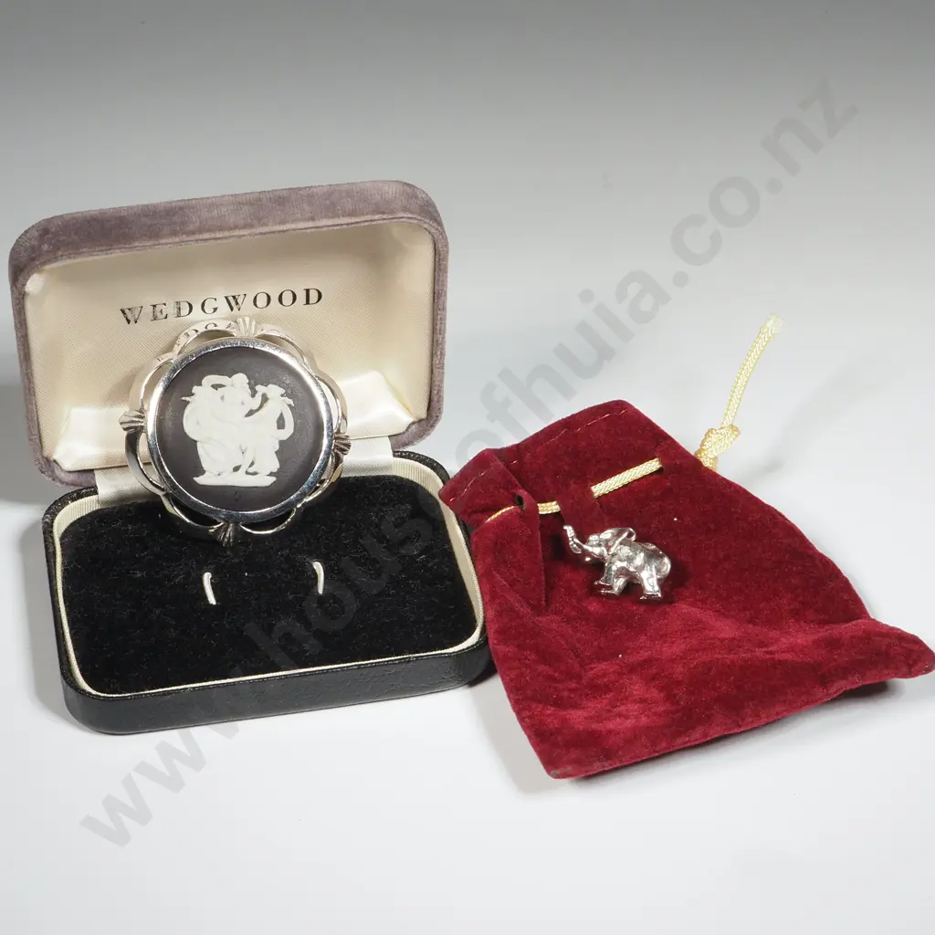 Sterling Silver Elephant Charm & A  Box Circular Black Wedgwood Brooch Image 1++