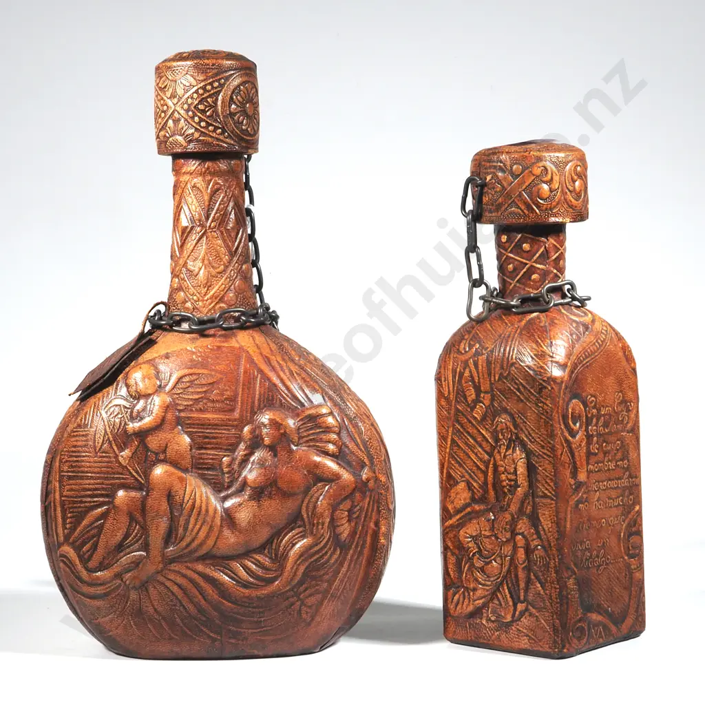 Two Vintage Leather Covered Decanters. Image 1++