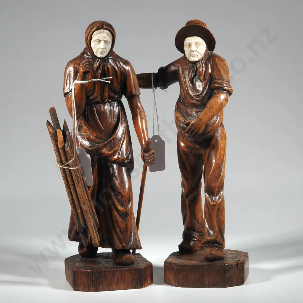 Vintage Pair of Wooden Figures In Black Forest Style Depicting an Old Man & Woman w Carved  Faces. Image 1++