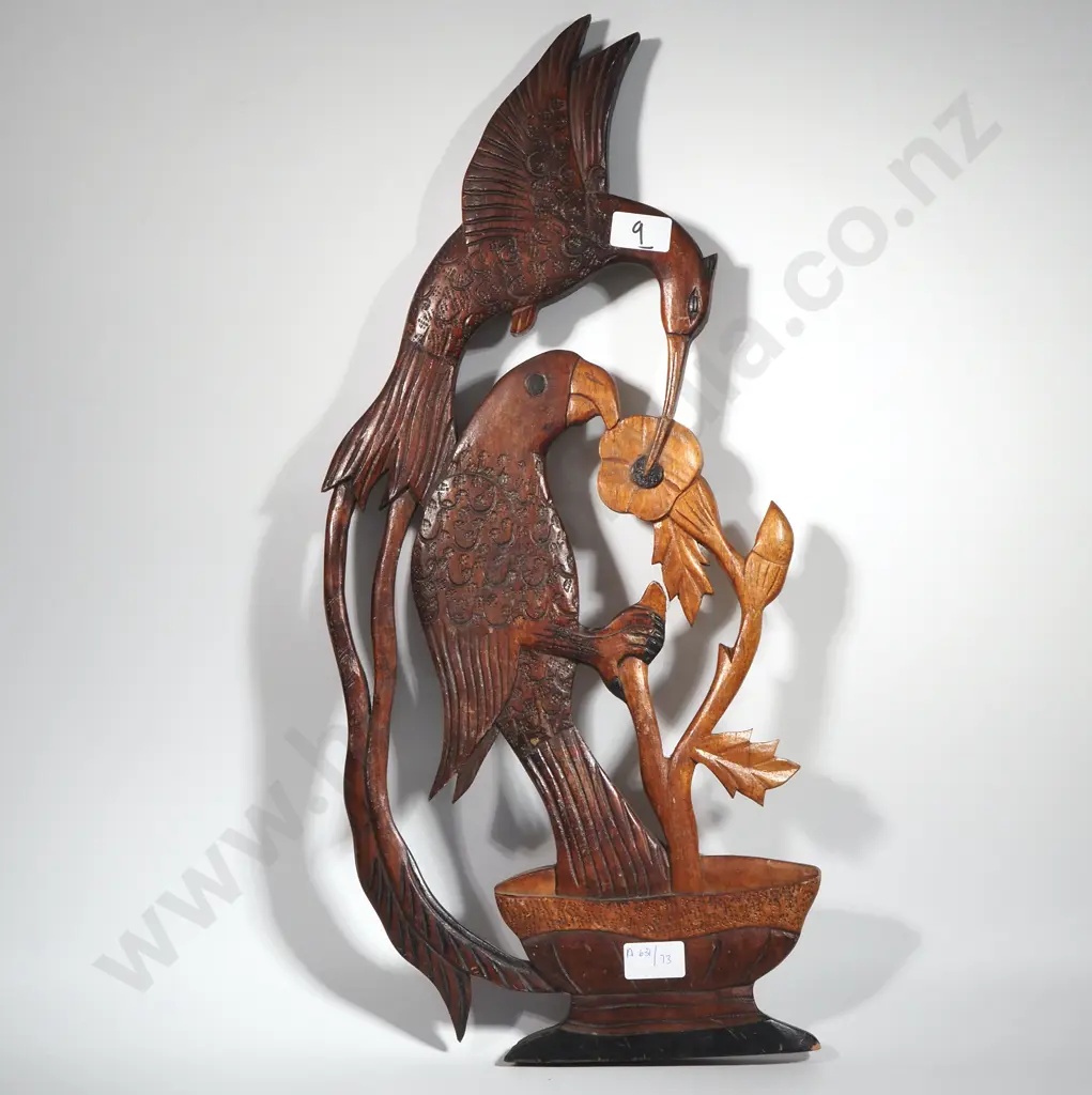 Carved Wooden Wall Art - Two Birds Feeding on Flower. Image 1++