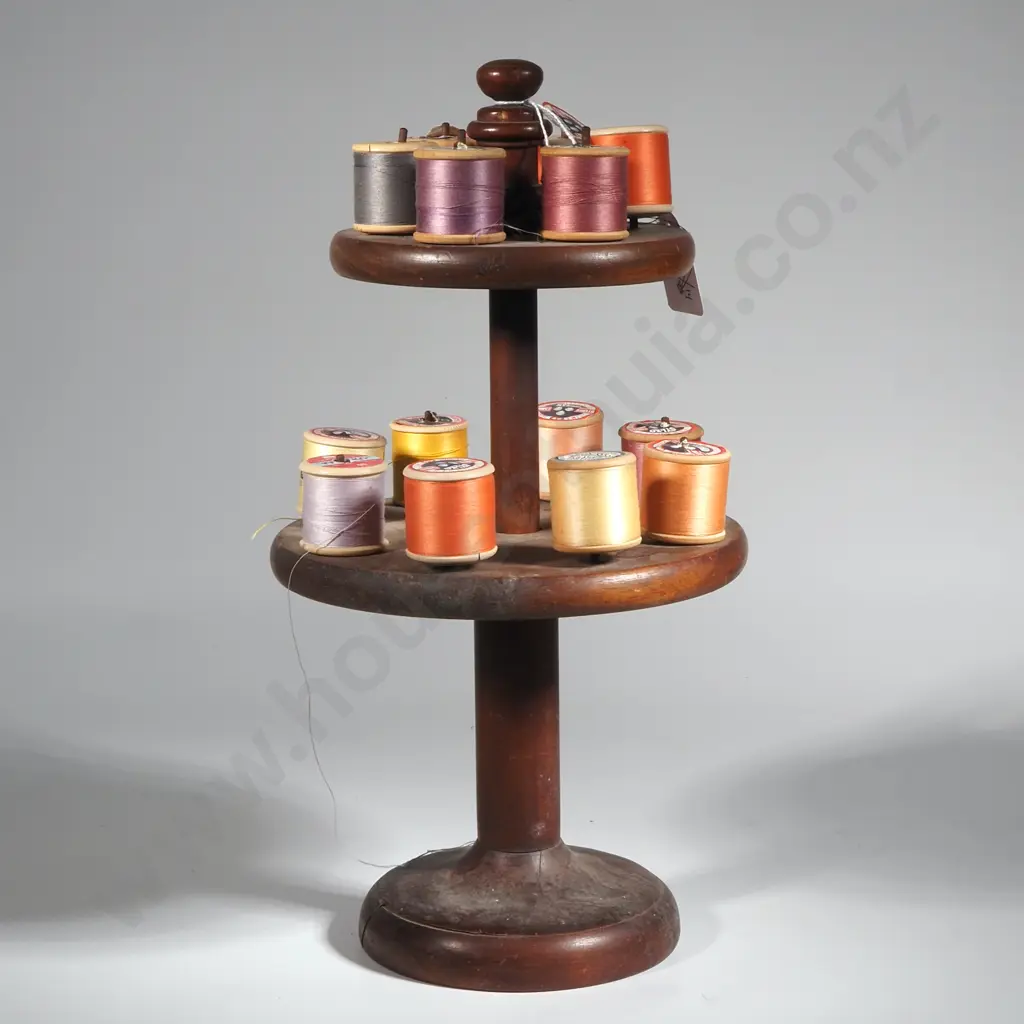Vintage Wooden Two-Tier Spool Holder w Cotton Reels. Image 1++