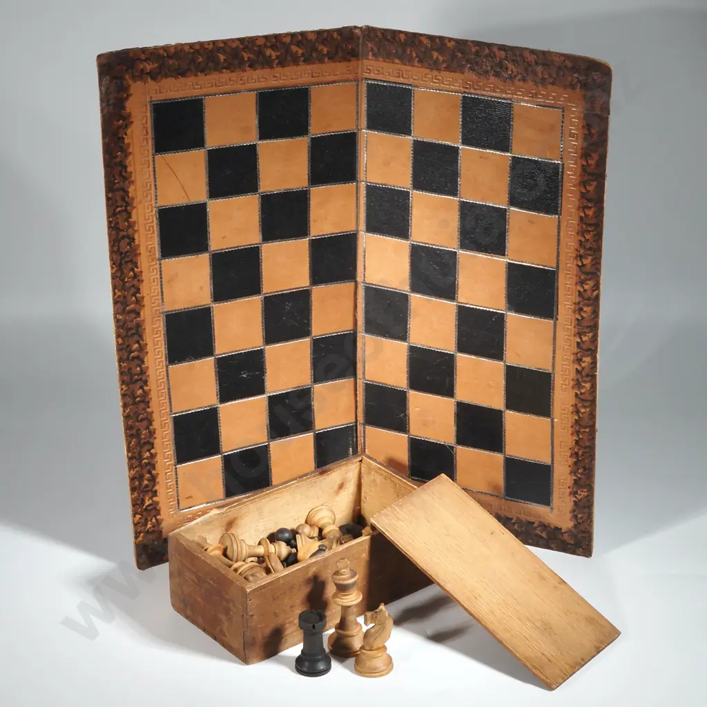 Wooden Box Containing Wooden Chess Pieces & Cardboard Chess Board. Image 1++