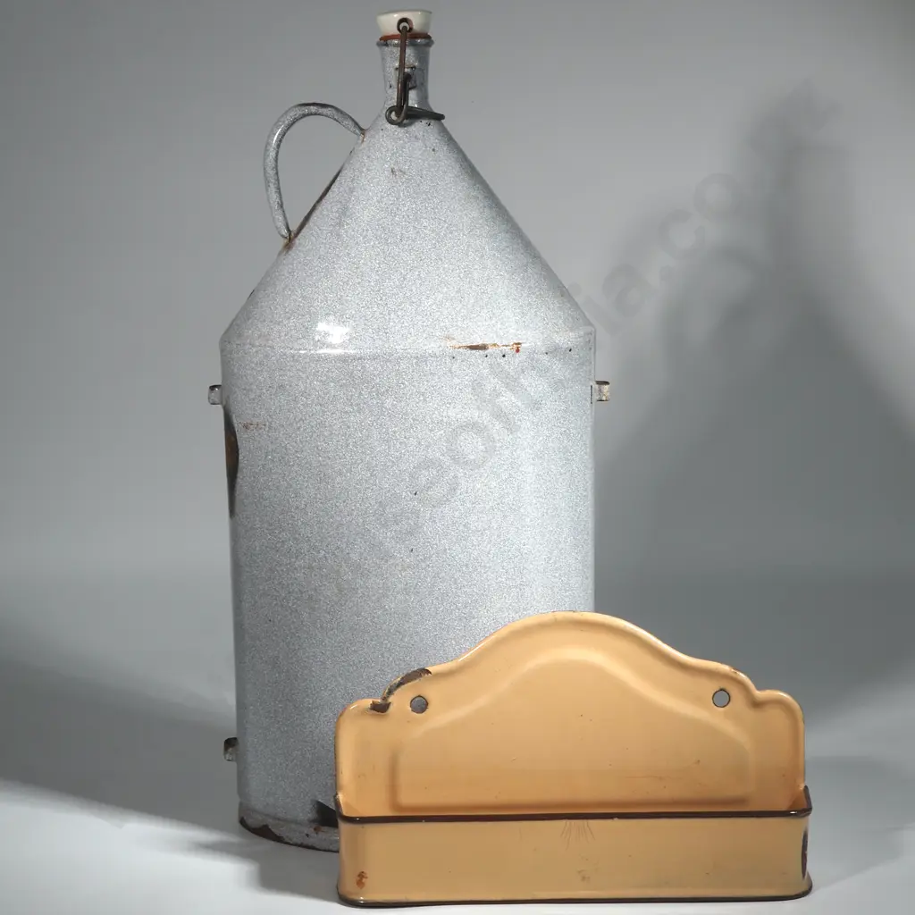 Large Granite Wear Enamel Canteen & Light Brown  Enamel Wall Shelf w Dark Brown Trim. Image 1++