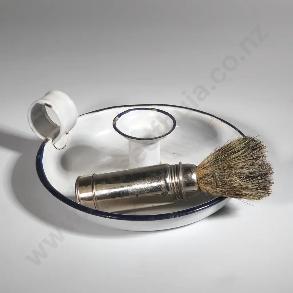Enamel Wee Willie Winkie Candlestick & Vintage Bristle Hair Shaving Brush. Image 1++