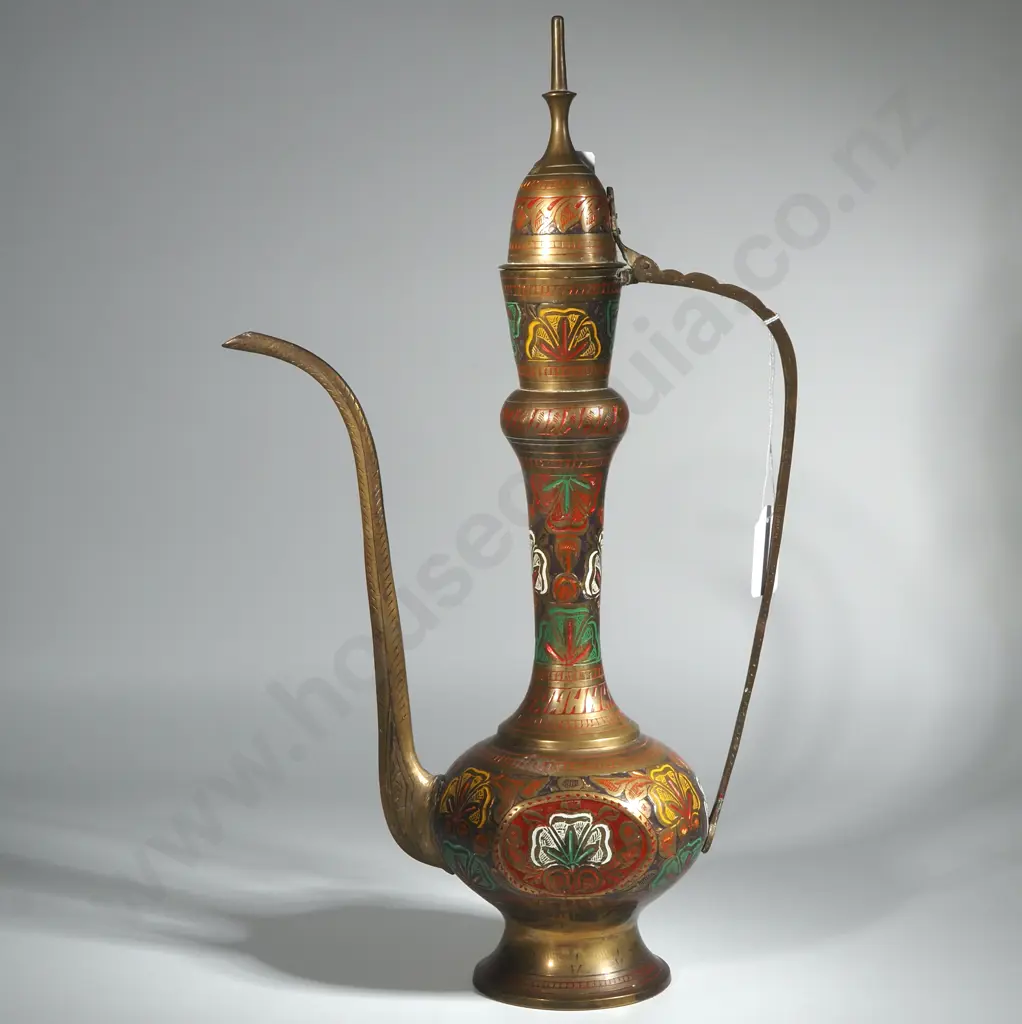 Large Benares Brass Coffee Pot w Coloured Enamel Decoration. Image 1++