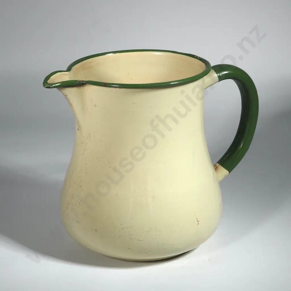 Vintage Two Litre Cream & Green Enamel Jug. Image 1++