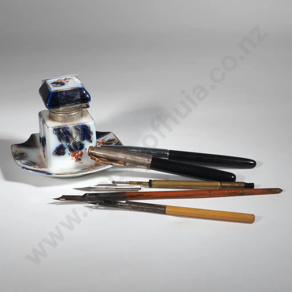 Ceramic Ink Well w Metal Trim & Assorted Writing Implements. Image 1++