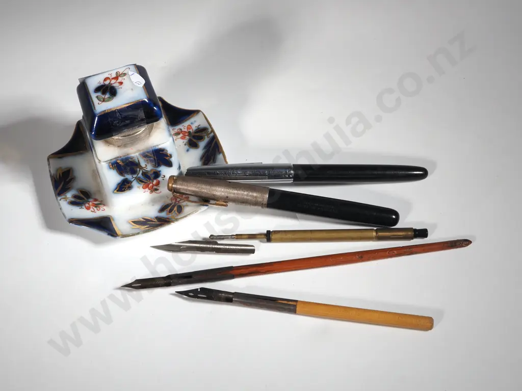Ceramic Ink Well w Metal Trim & Assorted Writing Implements. Image 1++