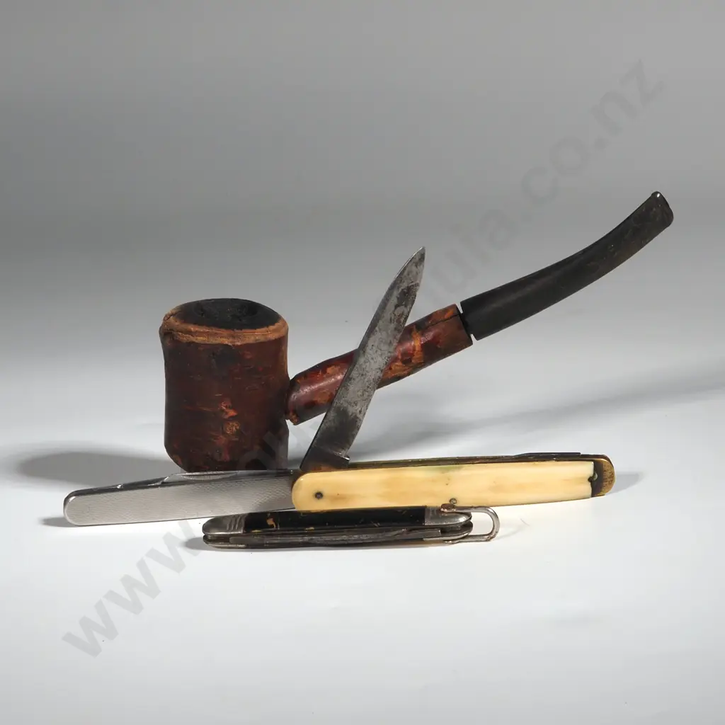 Three Pocket Knives & Hollowed Tree Branch Pipe. Image 1++