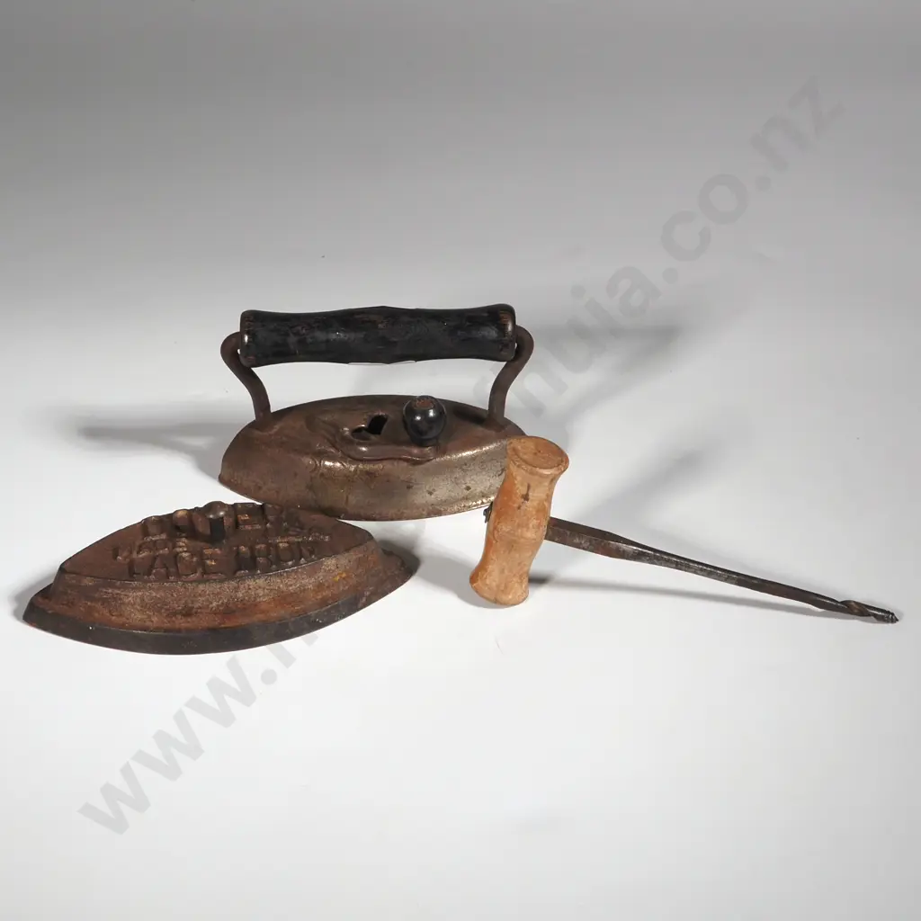 Antique Small Hand Auger/Gimlet W Wooden T Handle &  Antique Small Dover Lace Flat Iron. Image 1++