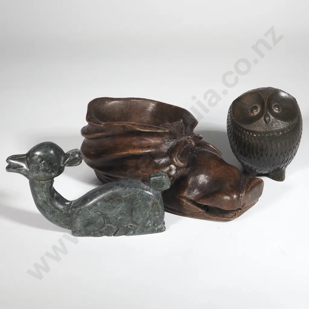 Assorted Lot of Three Ornaments - Small Carved Jade Deer, Carved Wooden Ready Black Forest  Boot, & a Stone Owl. Image 1++