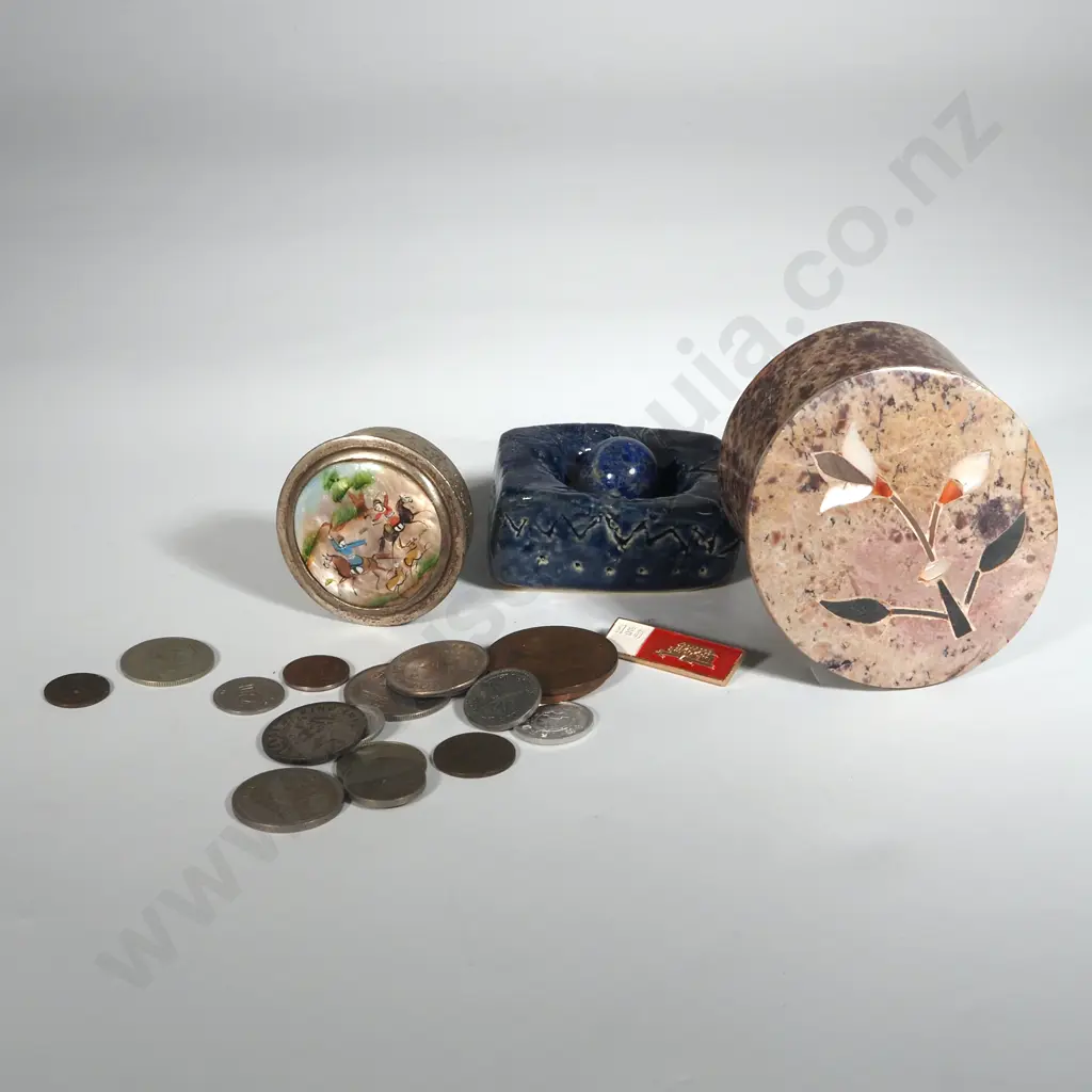 Miniature Pottery Dish w Lapis Lazuli Ball Inset, Inlaid Round Stone Box w Coins & a Metal Pill Box w Enamel Top. Image 1++