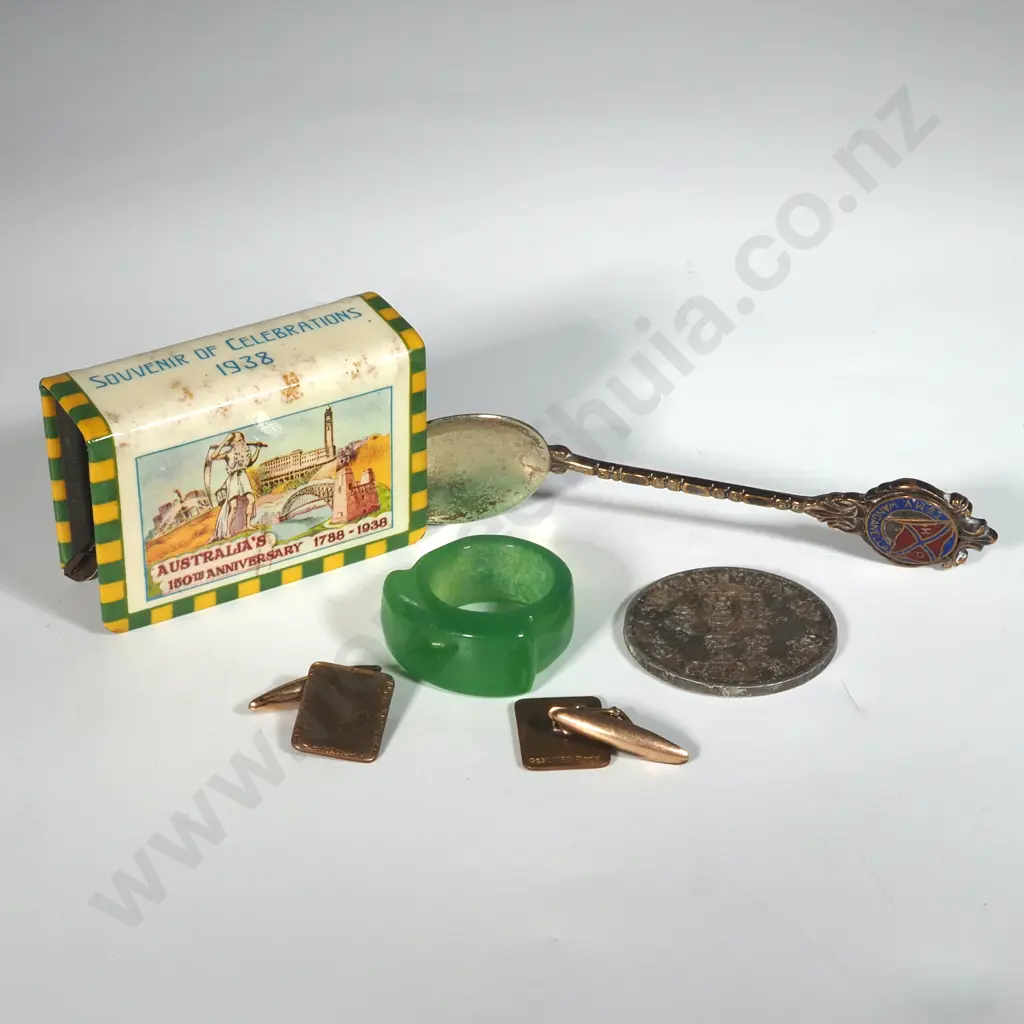 Assorted Lot of Items - Spoon, Token, Cufflinks & Souvenir Matchbox Holder. Image 1++