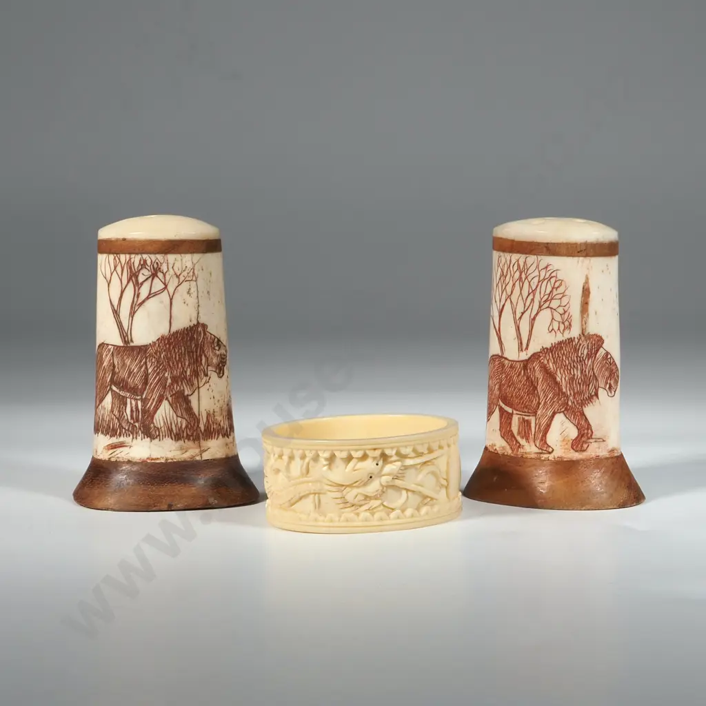 Striking African Themed Bone Salt & Pepper Shakers & Ivory Napkin Ring. Image 1++