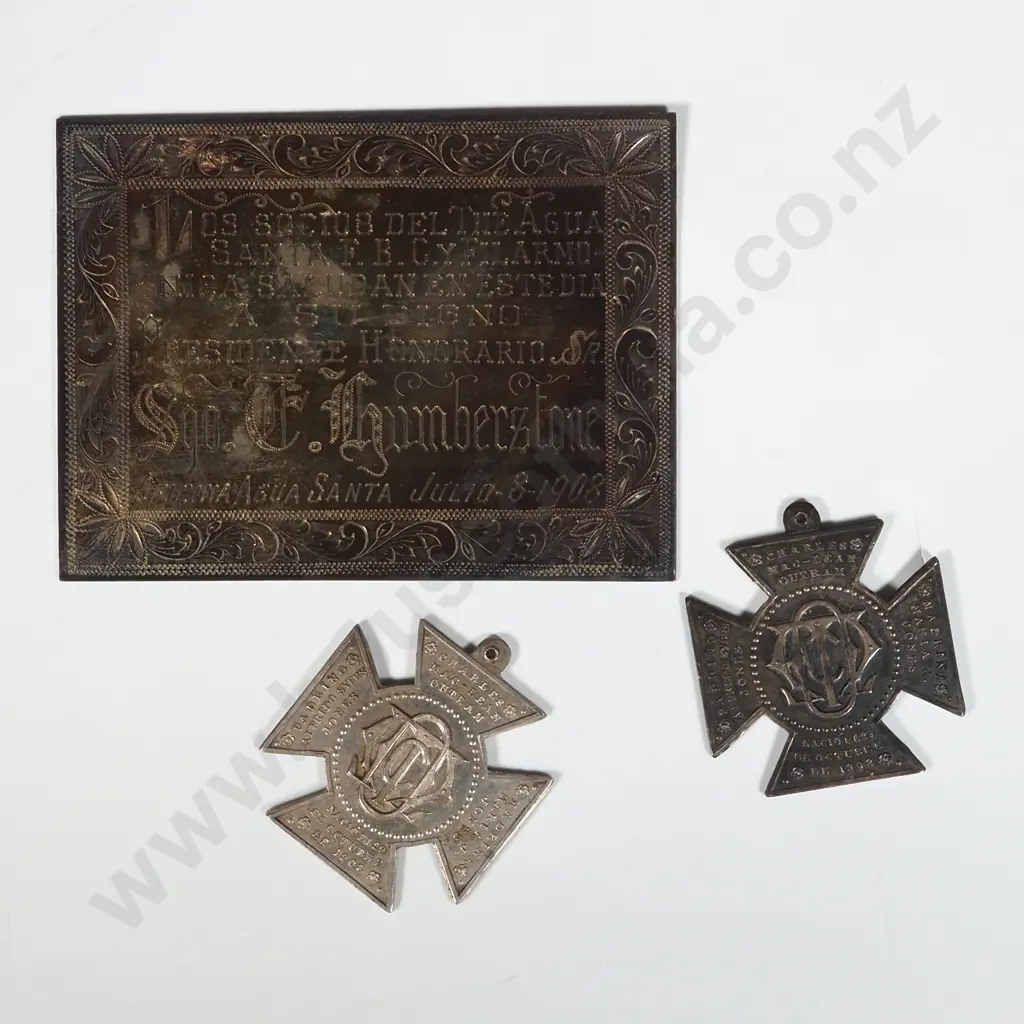 Two Sterling Silver Medals & A Sterling Silver Plaque Dated 1908. Image 1++
