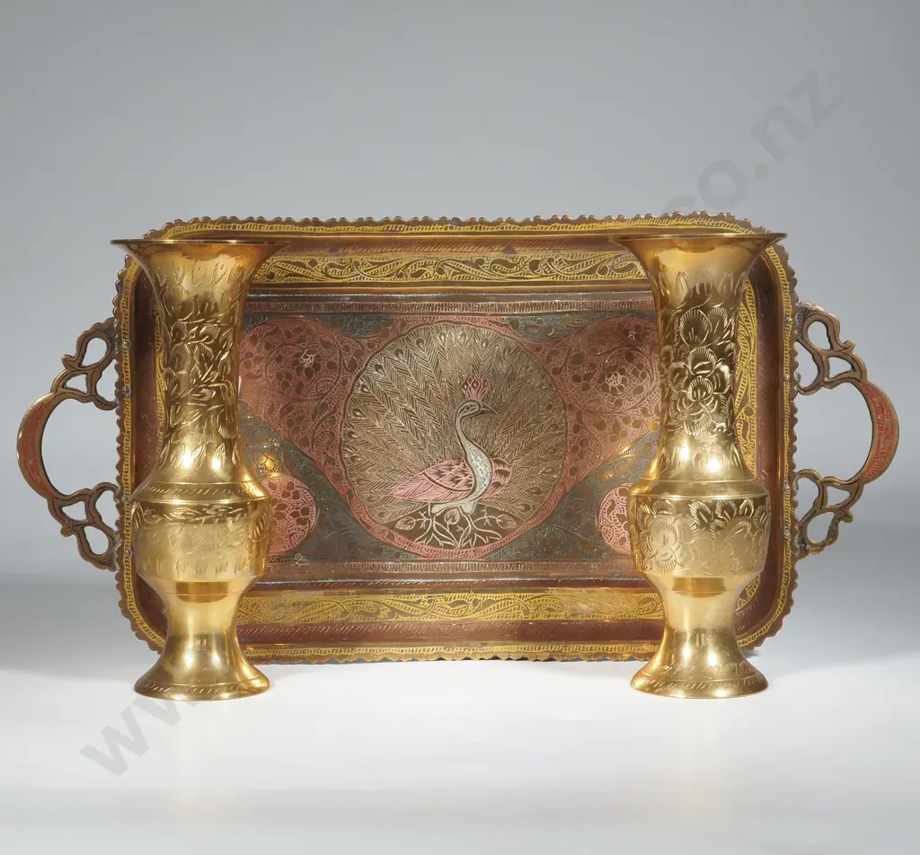 Pair Of Brass Benares Vases w Small Brass Tray. Image 1++