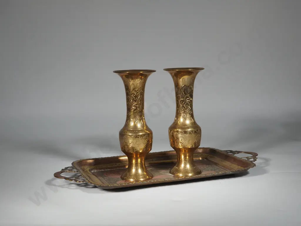 Pair Of Brass Benares Vases w Small Brass Tray. Image 1++