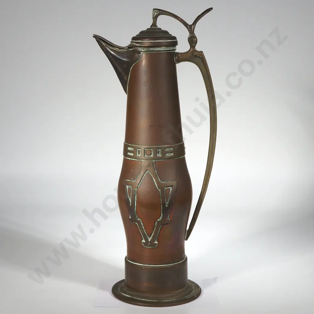 German Gebruder Bing Jungendstil Copper & Brass Wine Pitcher w Lid. Image 1++