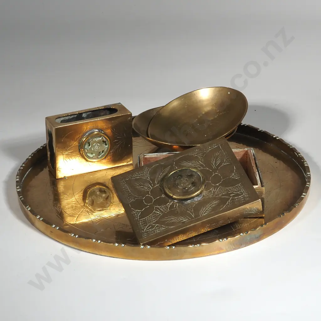 Small Brass Tray, Two Small Brass Bowls , Brass Match Box Holder & A Brass Box (Hinge Broken)  Image 1++