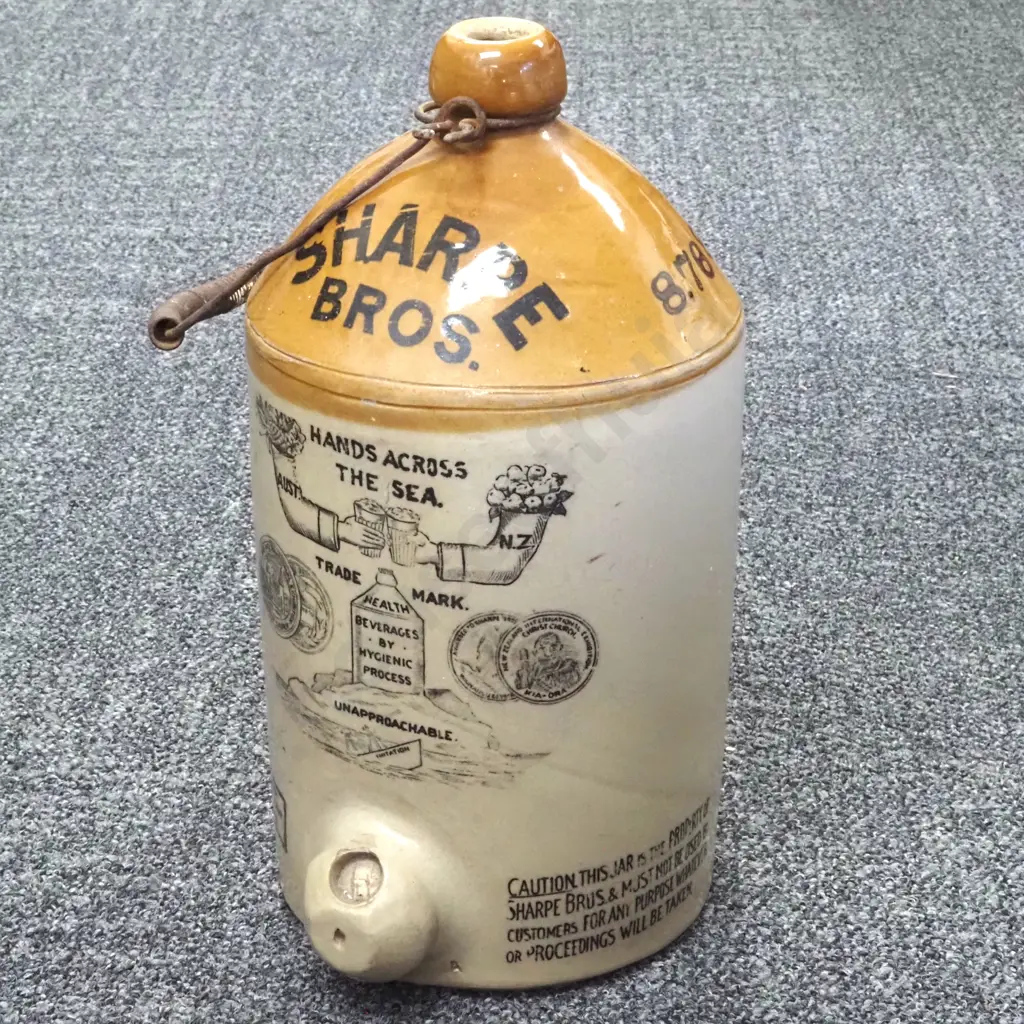 Sharpe Bros Stone Ware Crock w Wire Handle. Image 1++