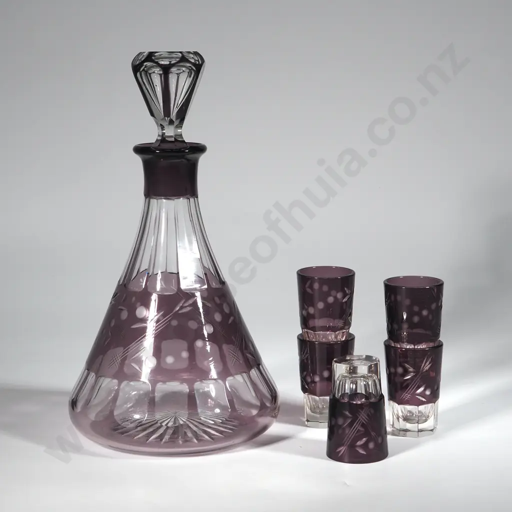 Mid-Century Purple Glass Decanter & Five Glasses. Image 1++