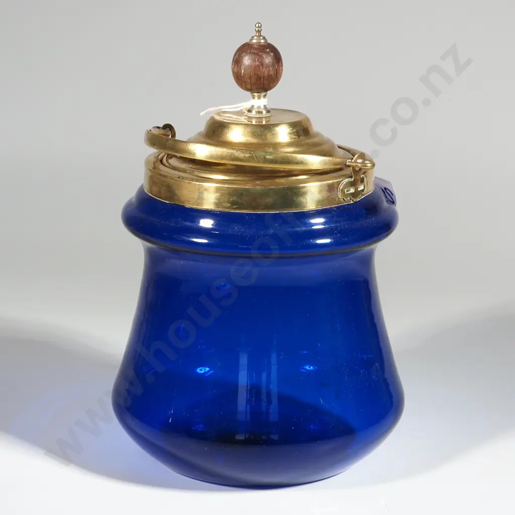 Victorian Bristol Blue Glass Biscuit Barrel w Brass Handle & Lid w Wooden Finial. Image 1++