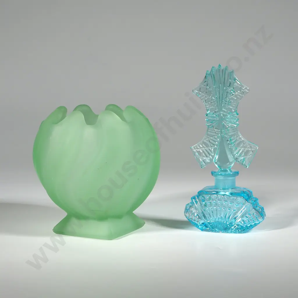 Vintage Bagley Equinox Frosted Green Glass Posy Vase, & Art Deco Czech Glass Perfume Bottle. Image 1++