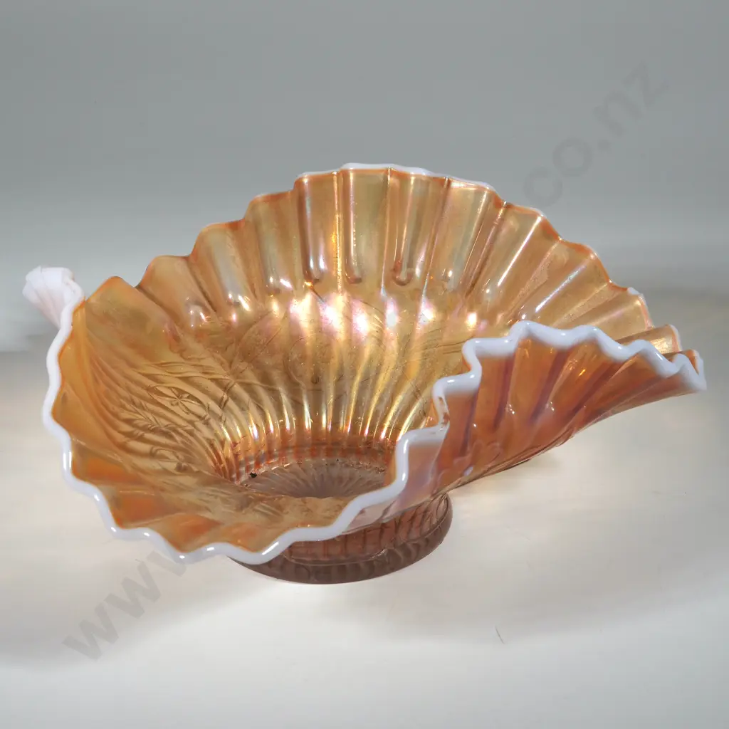 Dugan Ruffled Edge Peach Opalescent Carnival Glass Dish in the Caroline Pattern. Image 1++