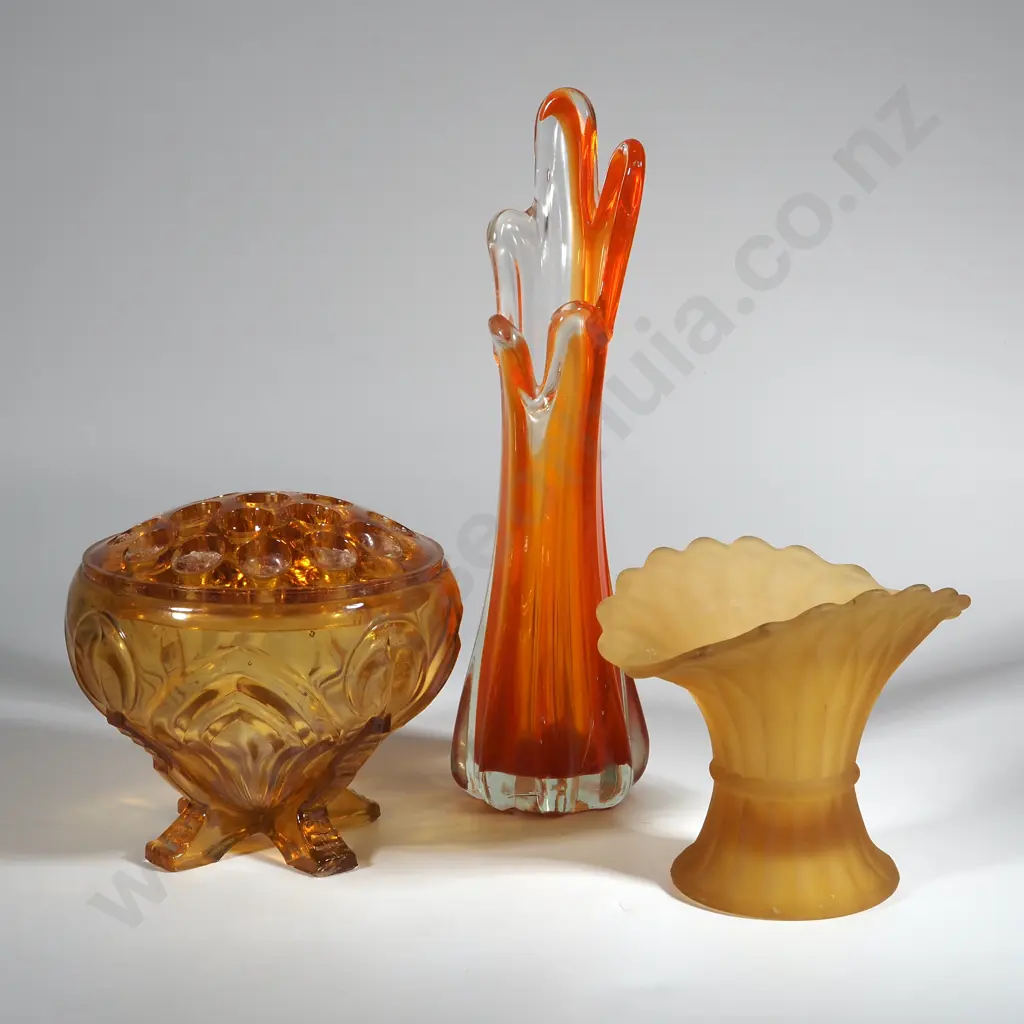 Two Coloured Glass Vases, & a Coloured Glass Bowl. Image 1++