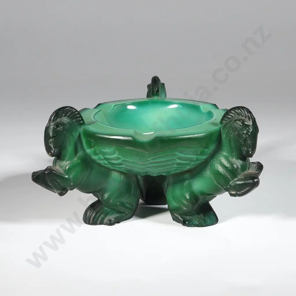 Art Deco French Viridian Glass Ashtray - Three Prancing Horses Image 1++